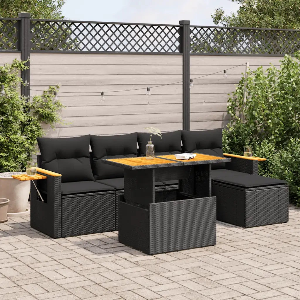 Set Divano da Giardino 6 pz con Cuscini Nero Polyrattan Acacia 3327583