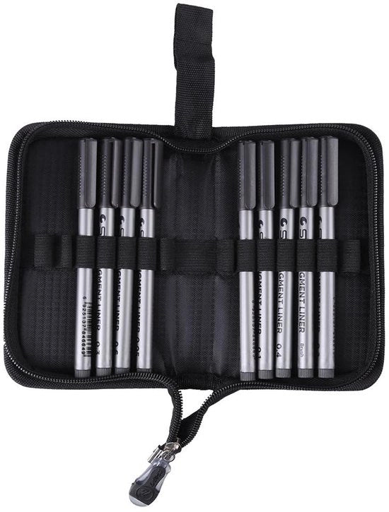 Set di Pennarelli Fineline 9 pezzi - Pennarelli per disegno impermeabili - Lavorazione di linea fine inchiostro - Custodia per pennarelli con 14 tasche - Non acido e non tossico - Pennarelli per disegno
