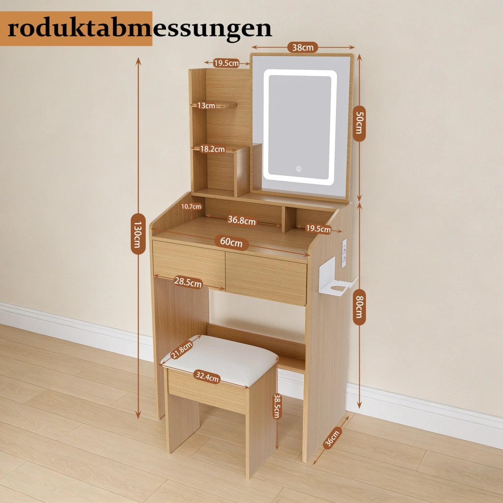 Toeletta compatta con specchio LED regolabile, presa integrata, supporto phon, cassetti e sgabello imbottito, effetto legno naturale