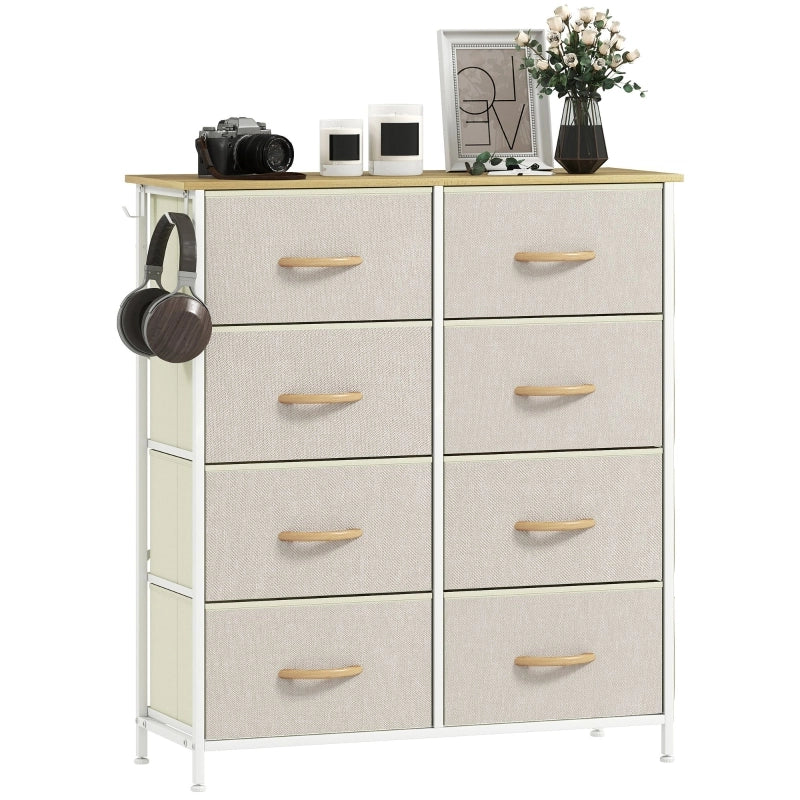 Cassettiera con 8 cassetti in tessuto; 4 tasche e 2 ganci; in acciaio; per camera da letto; beige; 86×30×94.5 cm