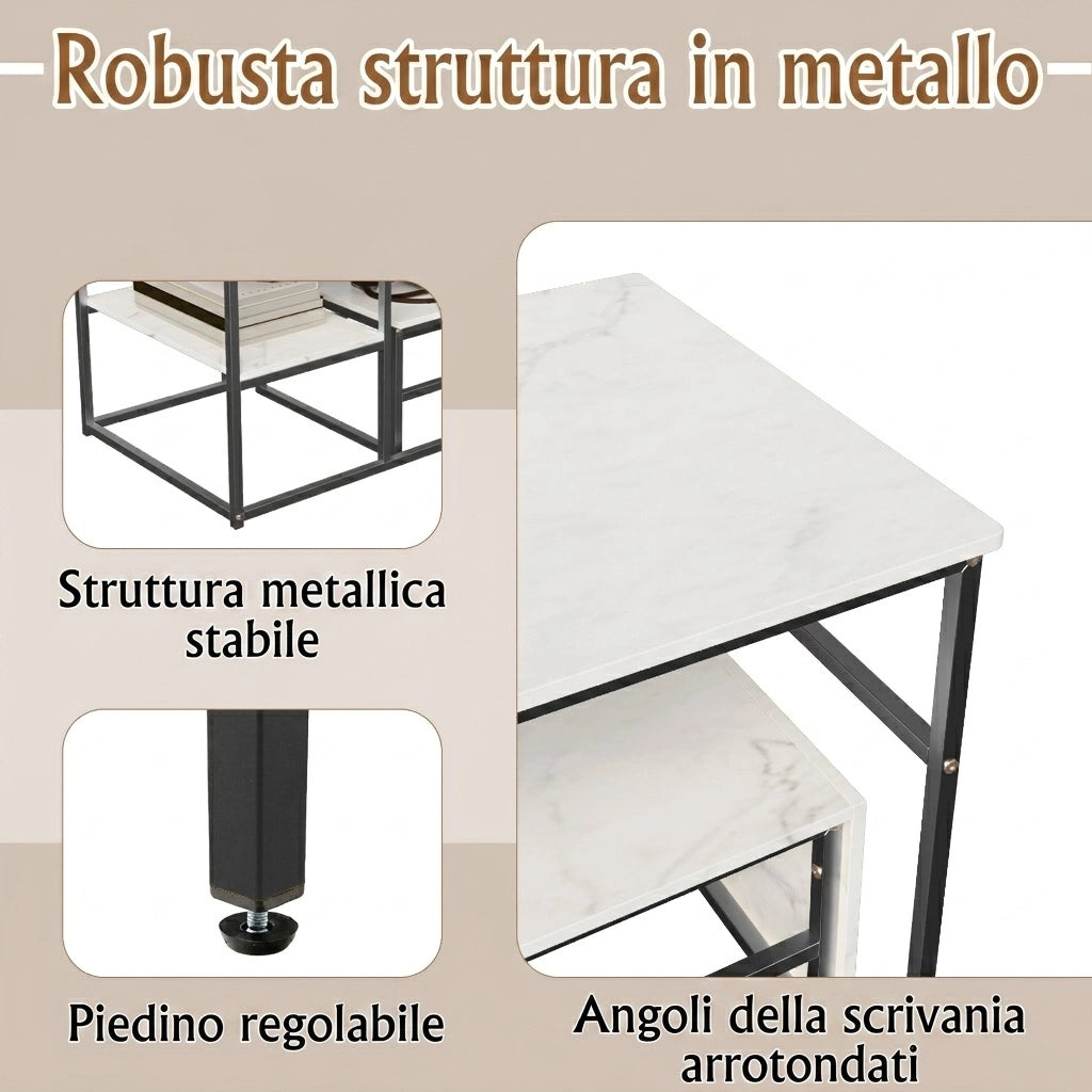 Tavolini da salotto set 2 pezzi 105x52x48,5 cm tavolino pieghevole sovrapponibile con contenitore effetto marmo metallo - nero