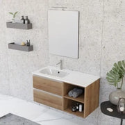 Mobile bagno sospeso 100 cm rovere miele con cassetti e vani a giorno completo di lavabo a sinistra e specchio Master