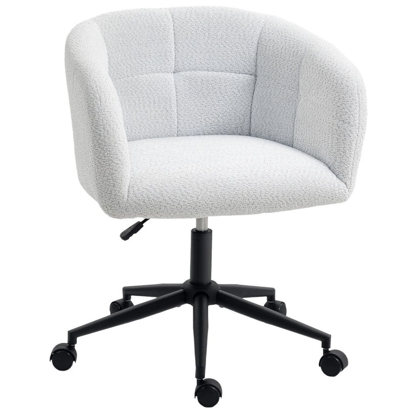 Sedia da ufficio imbottita con rivestimento in peluche, design a vasca, sedia da scrivania con ruote, base in acciaio, crema+nero