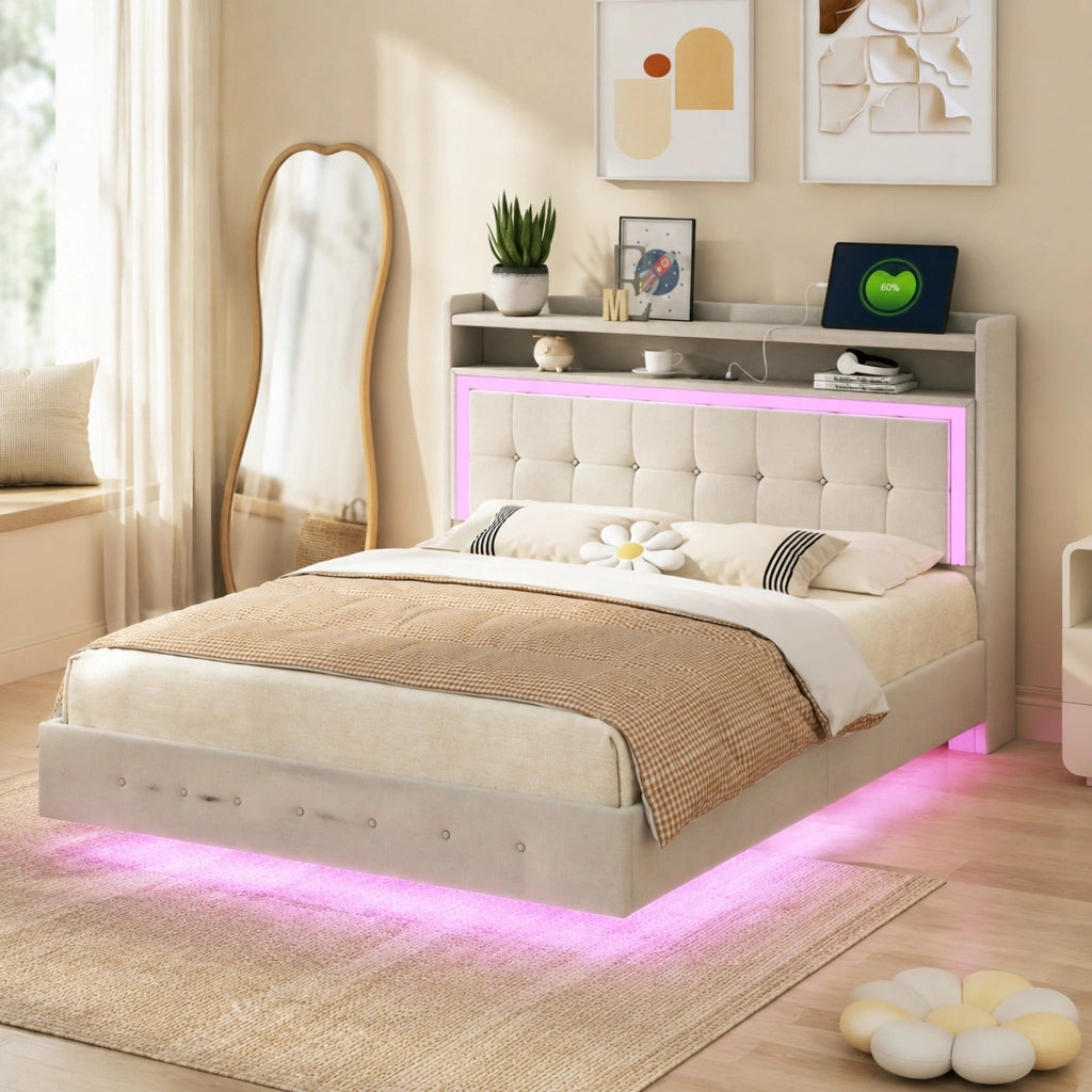 Letto matrimoniale imbottito 140x200 cm con USB e luci LED; lino beige