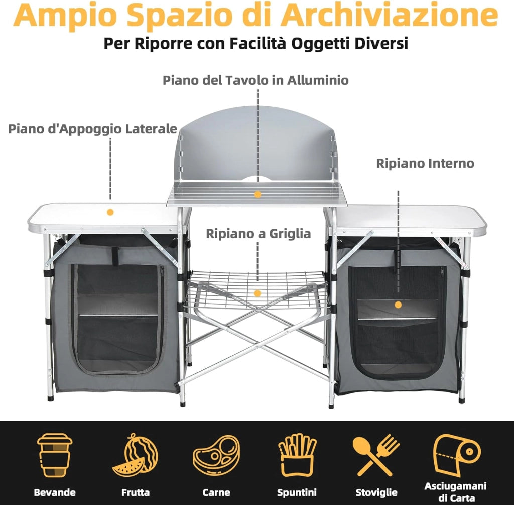 Cucina Portatile Cucina per Esterno Tavolo da Campeggio Pieghevole, Tavolo per Griglia in Alluminio, con Contenitori, per Festa Griglia e Campeggio (Grigio)