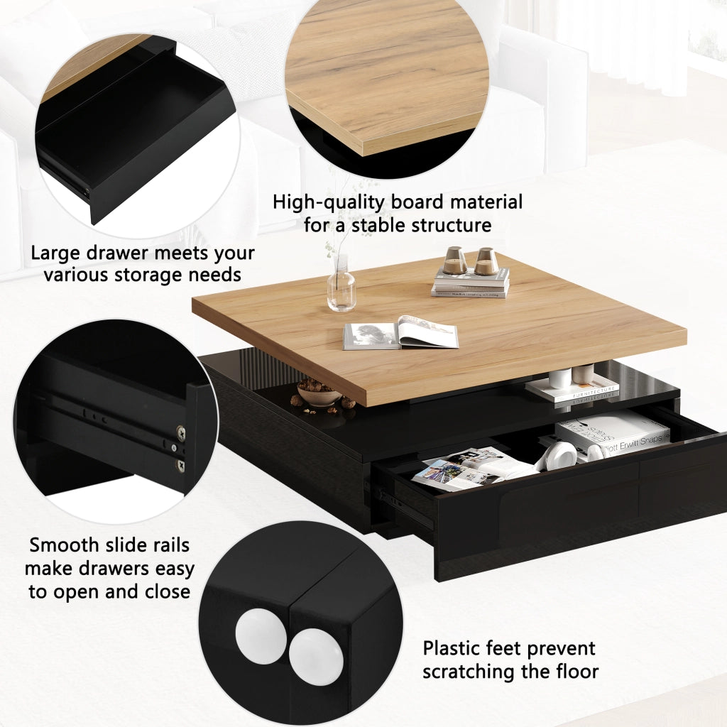 Tavolino da caffè con piano girevole e vano contenitore per soggiorno in truciolare noce 70x70x36 cm