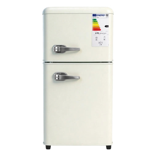 Frigorifero a doppia porta (86L) – controllo della temperatura a 7 livelli; classe di efficienza energetica E; luce a LED; ripiani regolabili e portauova – crema