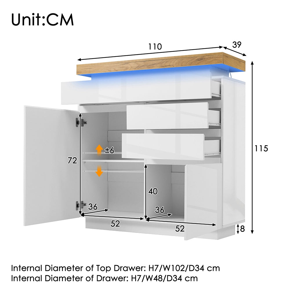 Buffet a specchio con 2 ante e 3 cassetti - Xylo - 115x110x39 cm - Bianco - Illuminazione LED (controllo app)