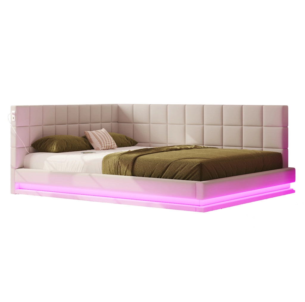 Divano letto 160x200 in tessuto beige con LED, USB e rete a doghe