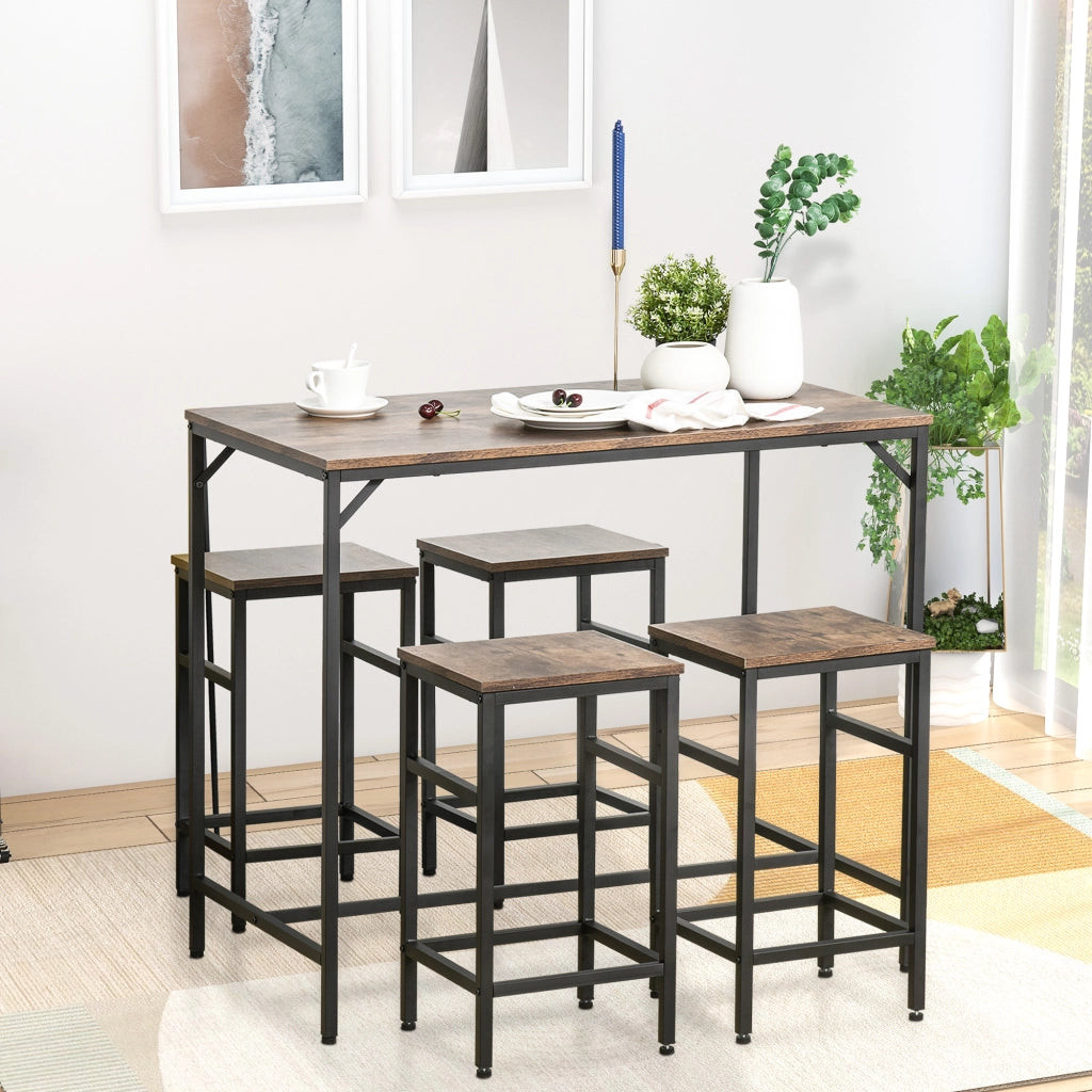 TAVOLO BAR con 4 Sgabelli 100x60x88 cm Marrone Rustico e Nero