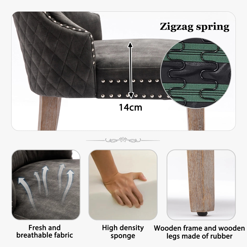 Set di 4 sedie da pranzo in velluto con borchie decorative; gambe regolabili in legno massello; grigio
