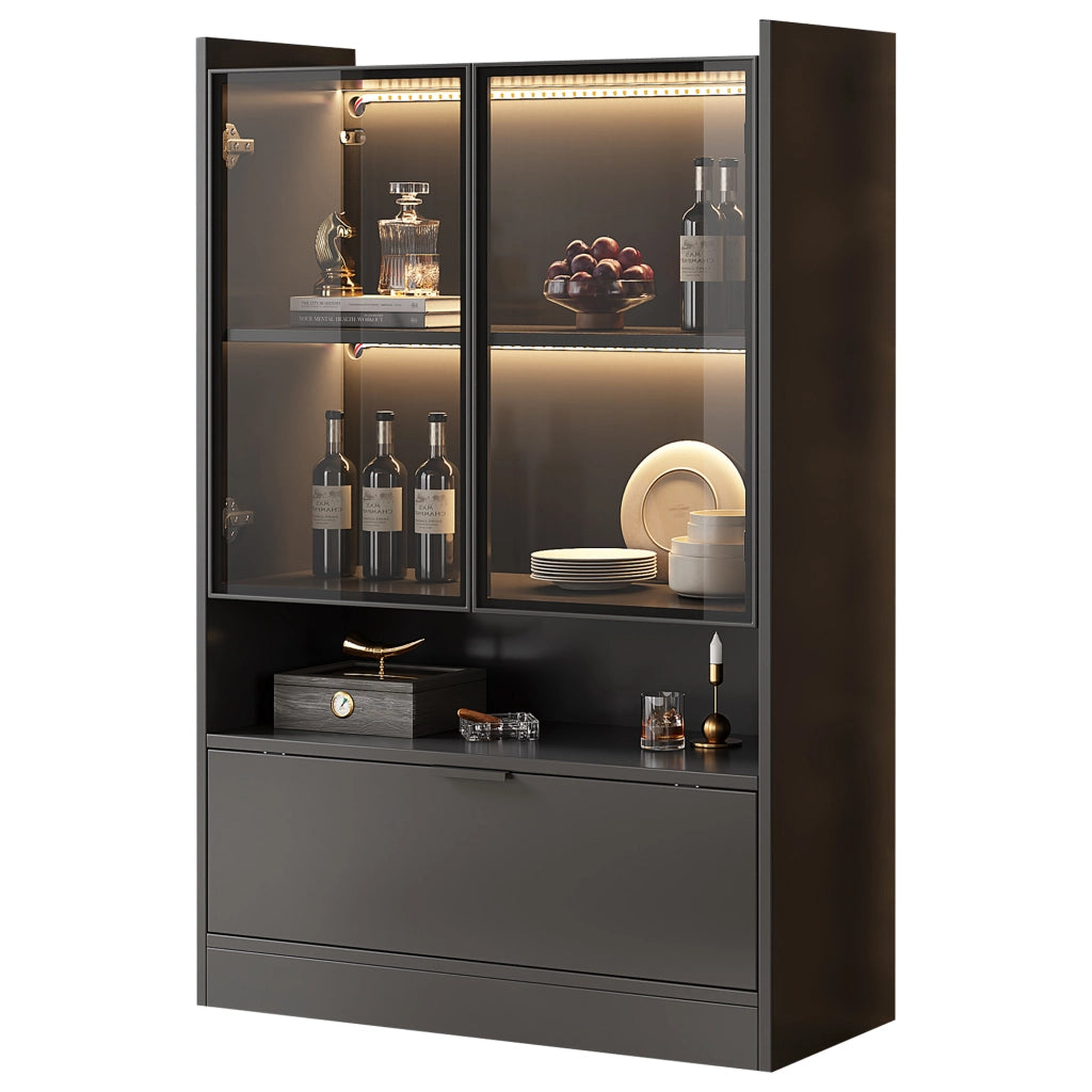 Vetrina con LED a colori, ante in vetro temperato e anta a ribalta, per soggiorno, truciolare nero, 80 × 35 × 120 cm