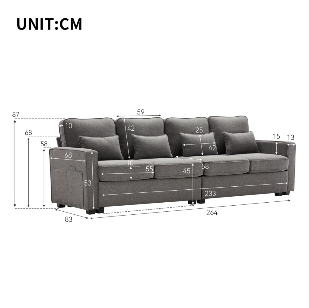 Divano 264x83x87 cm con tasche portaoggetti e 4 cuscini lombari in lino grigio scuro