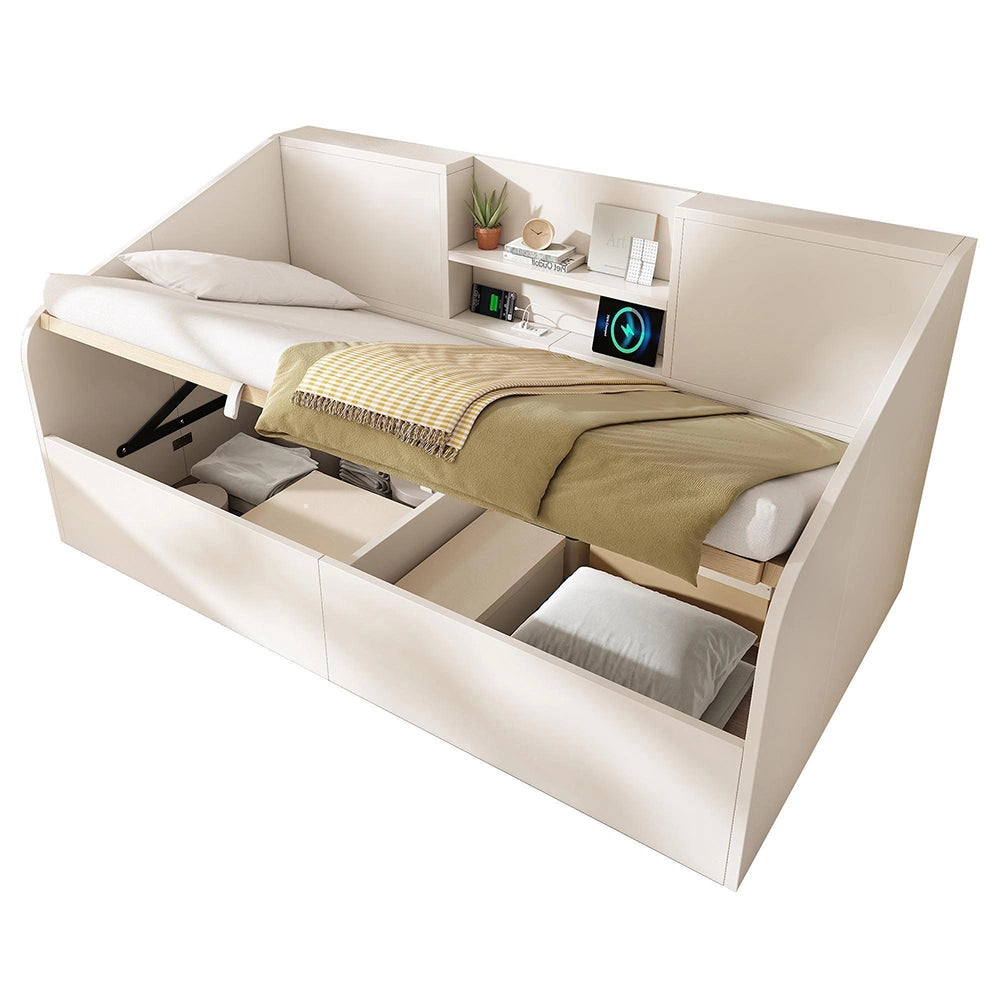 Letto giorno-Xylo-90x190cm legno 2 ripiani USB idraulico bianco senza materasso
