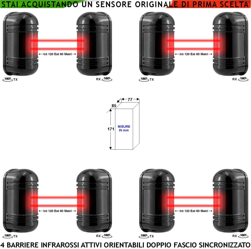 Infrarossi Attivi Doppio Fascio Orientabile 4 Pezzi Sbarramento Lineare Sensore Passaggio Segnala Allarme Intruso Portata 120 MT Interno 60 MT Esterno Collegamento Filare Alim. 12 V Barriera Antifurto