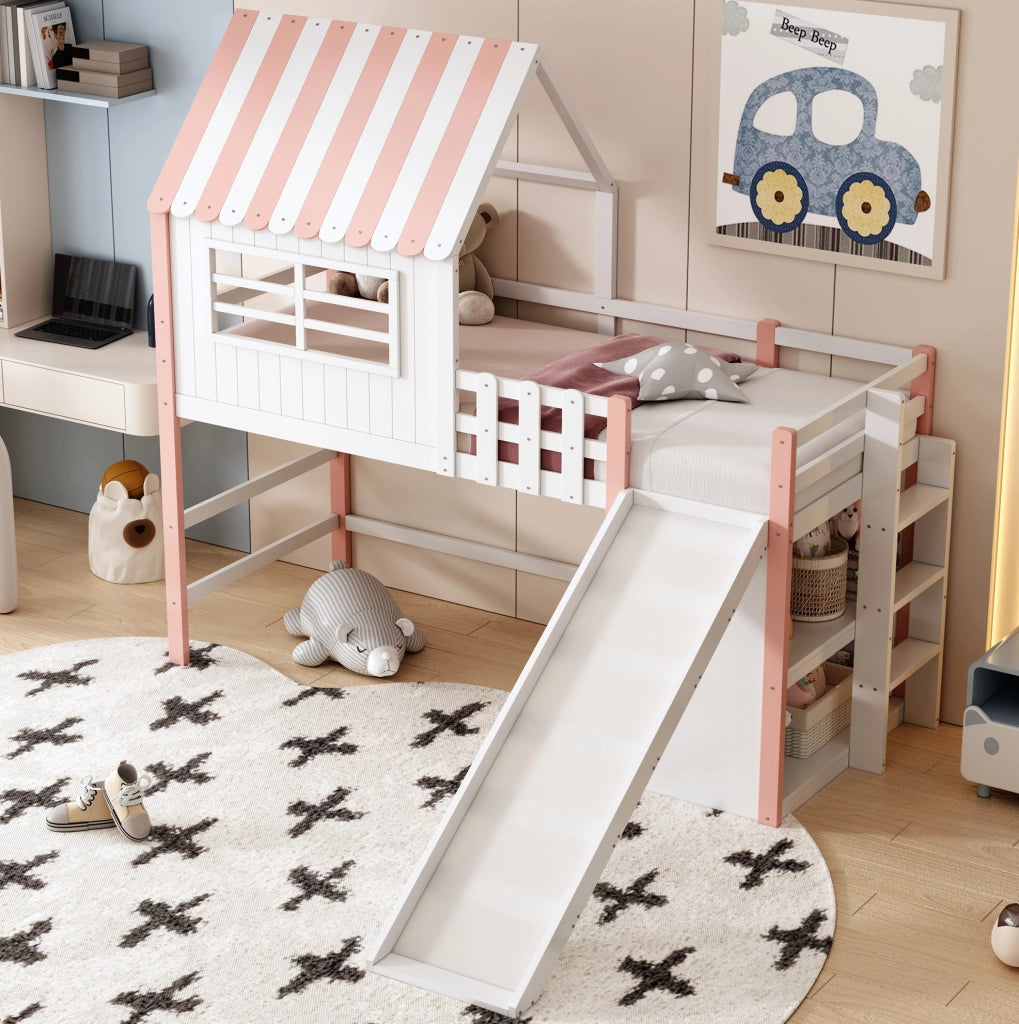 Letto a soppalco 90x200 cm con scivolo e scala in legno e MDF rosa