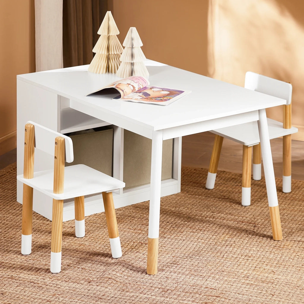 SoBuy Tavolo per bambini con 2 sgabelli Set mobili per bambini Tavolo con spazio di archiviazione Bianco 90x60x53cm KMB113-W