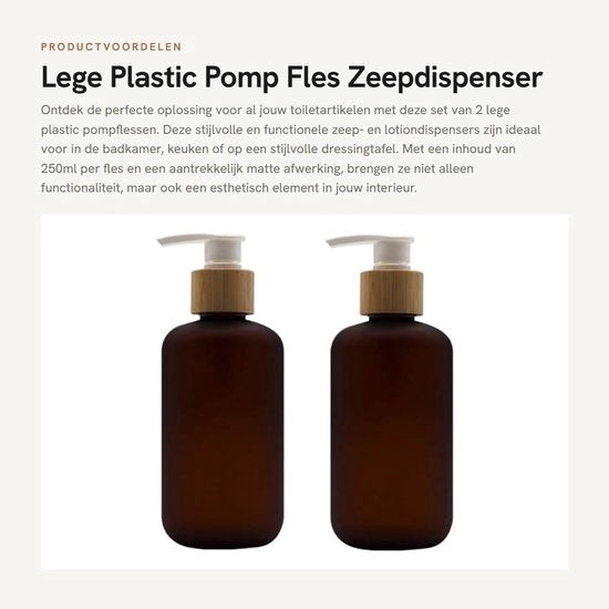 Set di Dispensatori di Sapone da 2 pezzi 250ml - Bottiglie in Plastica - Coperchio in Legno - Amichevole con l'ambiente - Riciclabile - Finestra opaca - Dispenser in bottiglia