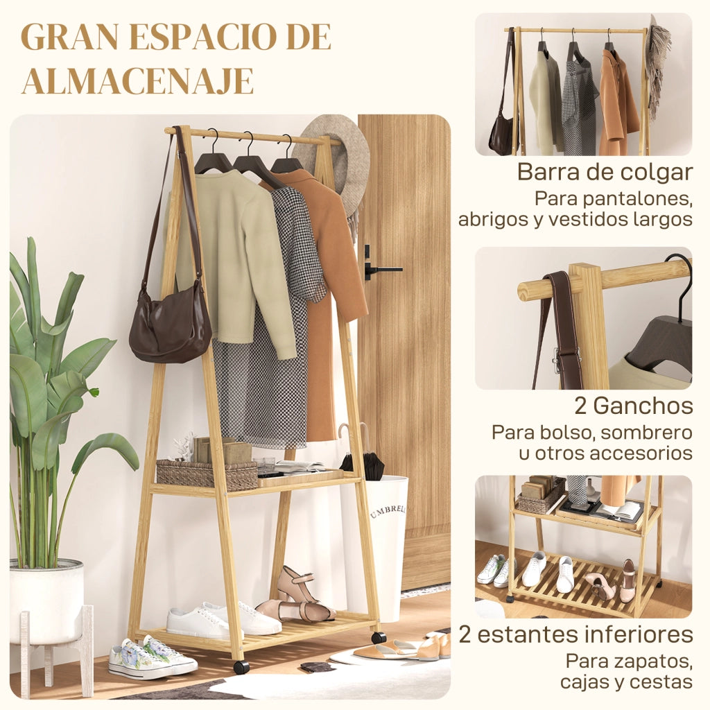 Appendiabiti con Ruote in Bamb¨´ ¨C Xylo ¨C 2 Ripiani, 2 Ganci, 84,5x43,5x158 cm, Naturale