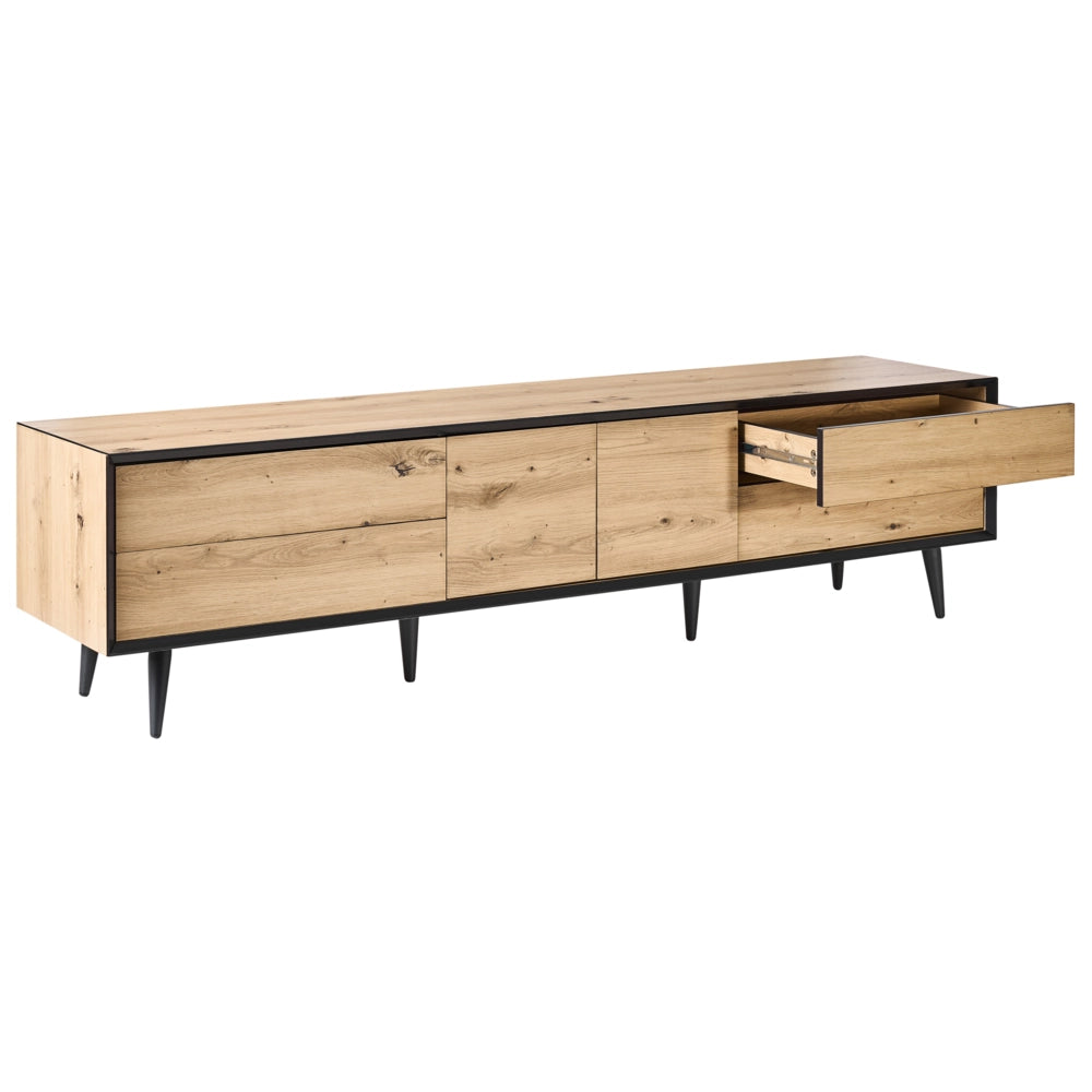 Mobile TV marrone chiaro in MDF con 2 ante e 4 cassetti gambe in metallo design moderno in stile loft per camera da letto