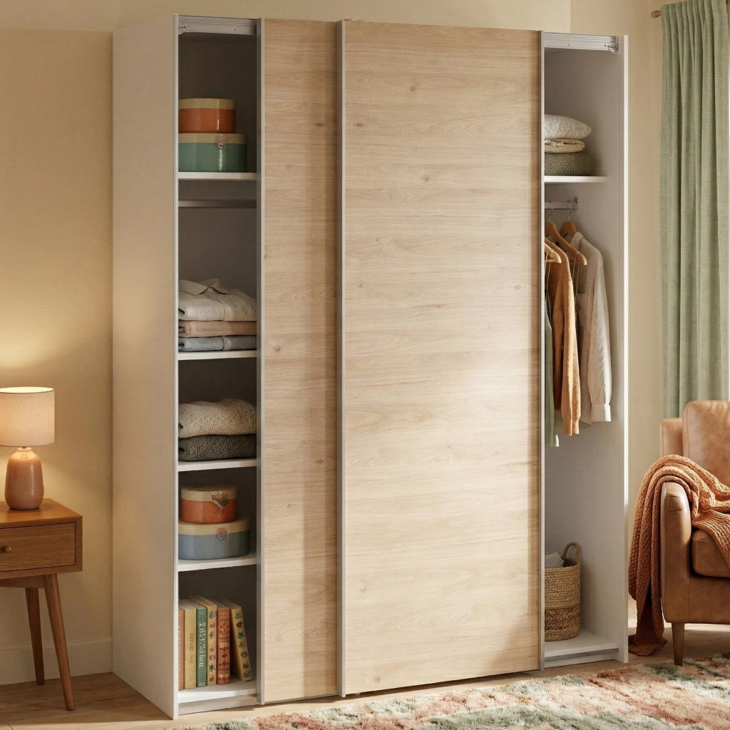 Guardaroba 2 ante Maurice, Mobile camera da letto, Cabina armadio portabiti, Armadio appendiabiti, 150x61 h200 cm, Bianco e Rovere