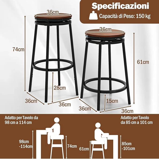 Set di 2 Sgabelli Girevoli e Regolabili in Altezza, Sgabelli da Bar in Metallo e MDF con Poggiapiedi, Mobile per Isola della Cucina, Sala da Pranzo e Salotto, Marrone e Nero