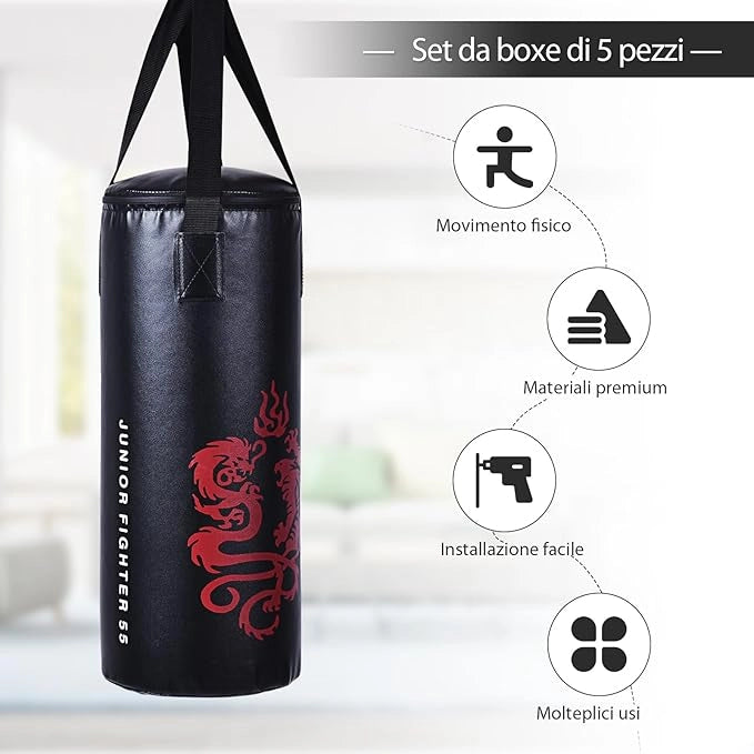 Set da Boxe con Sacco Pieno, Guanti, Catena e Corda per Saltare, Box Portatile per Bambini, Esercizio Fisico