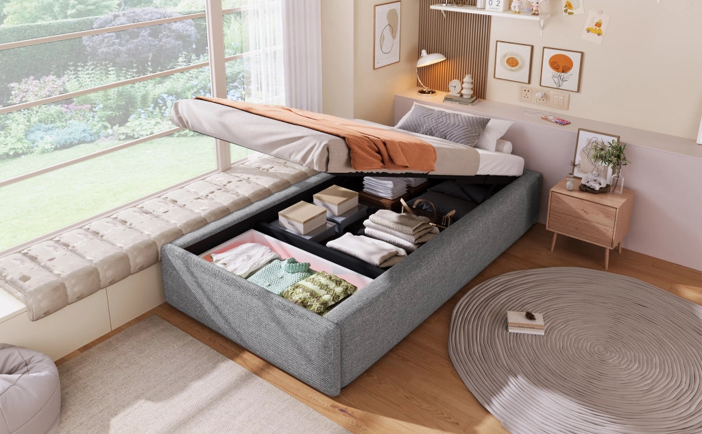 DESMIU Letto imbottito 90 × 200 cm 1 posto con 1 cassetto, contenitore idraulico, senza materasso, tessuto grigio