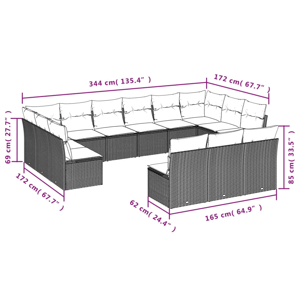 Set Divano da Giardino 13 pz con Cuscini Beige in Polyrattan