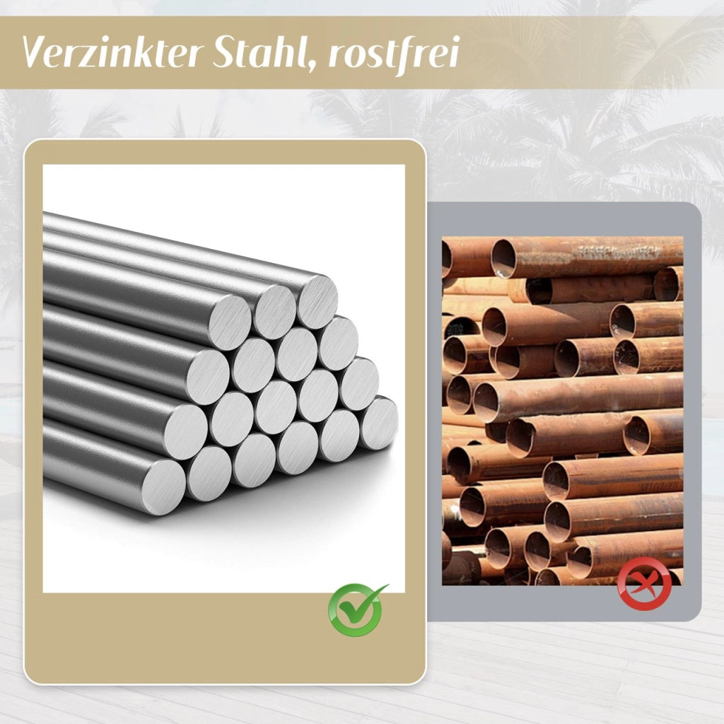 Set pranzo giardino 4 persone: 1 tavolo + 4 sedie; acciaio zincato; legno-plastica; design corda; kaki/beige