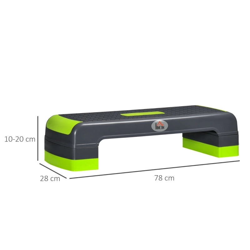 Stepper aerobico, altezza regolabile su 3 livelli, portata massima 150 kg, dimensioni 78 x 28 x 20 cm, colore grigio/verde.