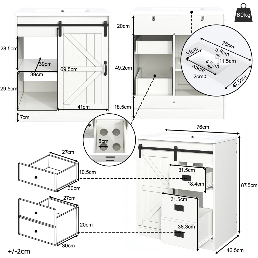 Mobile bagno con lavabo in ceramica; ante e cassetti; in MDF e metallo; per bagno; bianco 76×46.5×87.5 cm