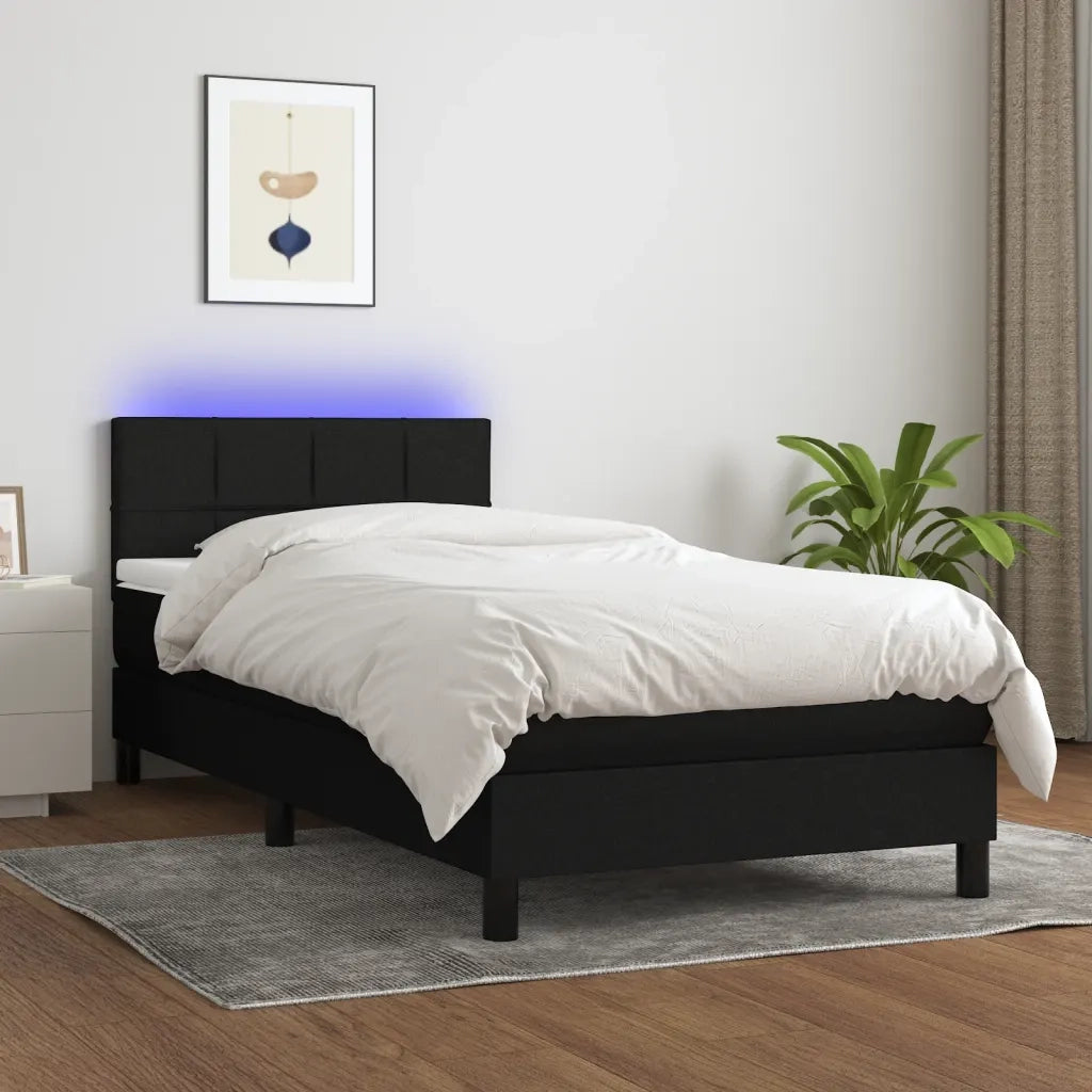 Letto singolo | Letto per adulti | Letto a Molle con Materasso e LED Nero 90x190 cm in Tessuto