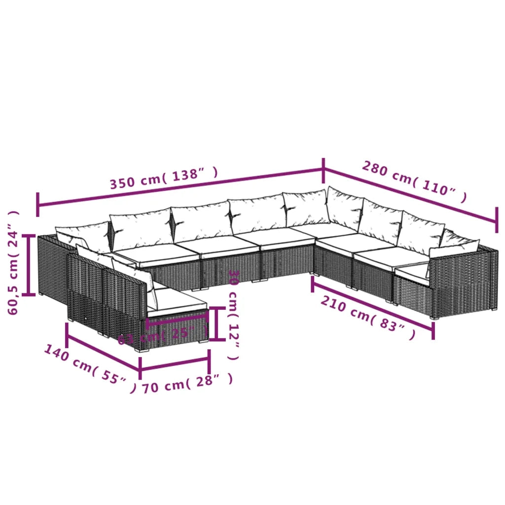 Set Divani da Giardino 10 pz con Cuscini in Polyrattan Marrone 3102435