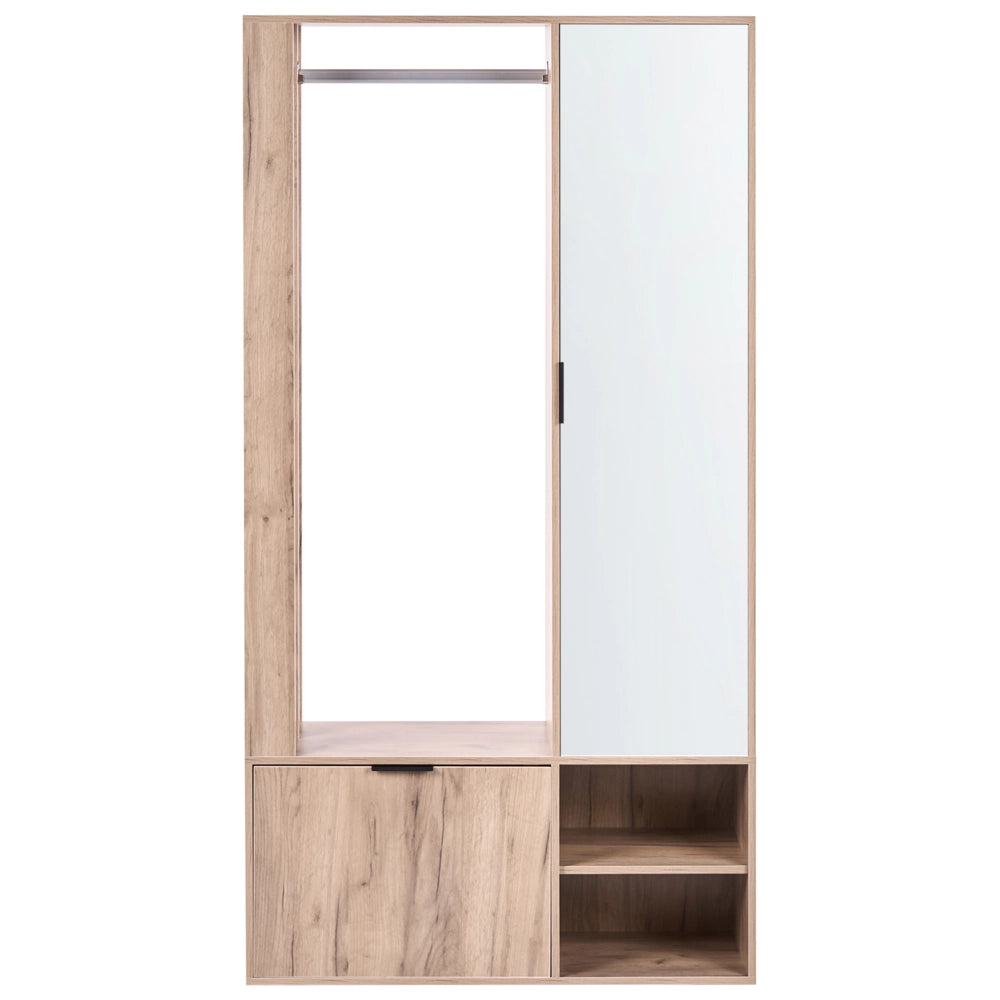 Armadio in truciolato marrone chiaro 100 x 35 x 190 cm con appendiabiti scarpiera mobile da ingresso ante a specchio stile moderno