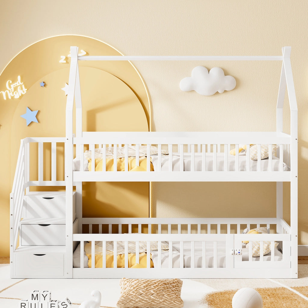 Letto a castello per bambini 90×200 cm con tetto; scala e cassetti contenitori; senza materasso; in legno massiccio bianco