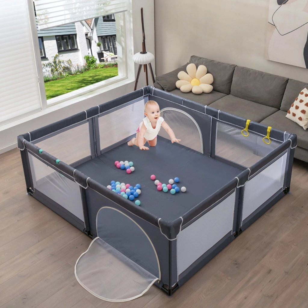 Box per bambini con cancelli di sicurezza per interno, Centro attivit¨¤ portatile 206x185,5x68cm Grigio scuro-Cancelletti di sicurezza