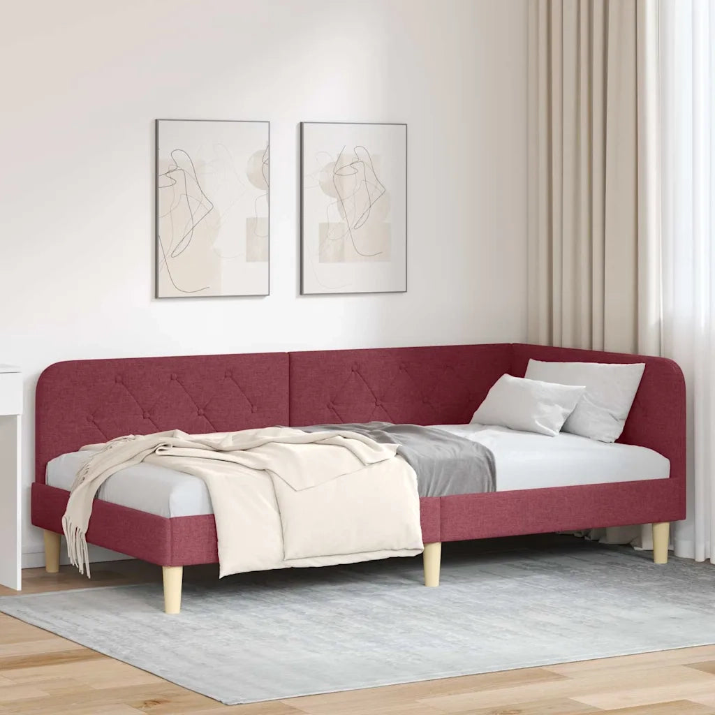 Letto singolo | Letto per adulti | Cornice del letto ad angolo Rosso Vino 90 x 200 cm Tessuto