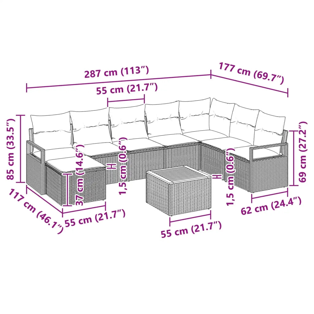 Set Divano da Giardino con cuscino 9 pcs Grigio polyrattan 3347745