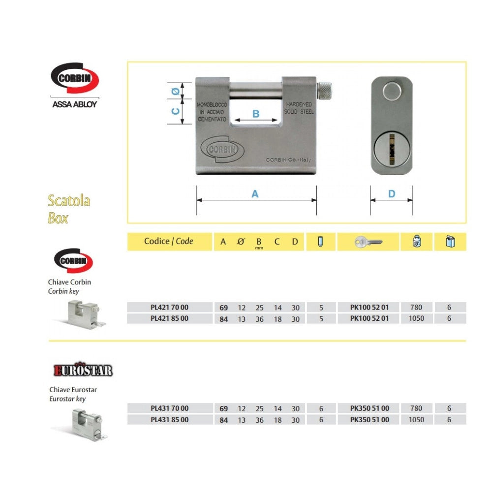 Trade Shop - Lucchetto Grizzly In Acciaio Cementato Antitrapano Con Chiave Dom Corbin -    -69 Mm   -