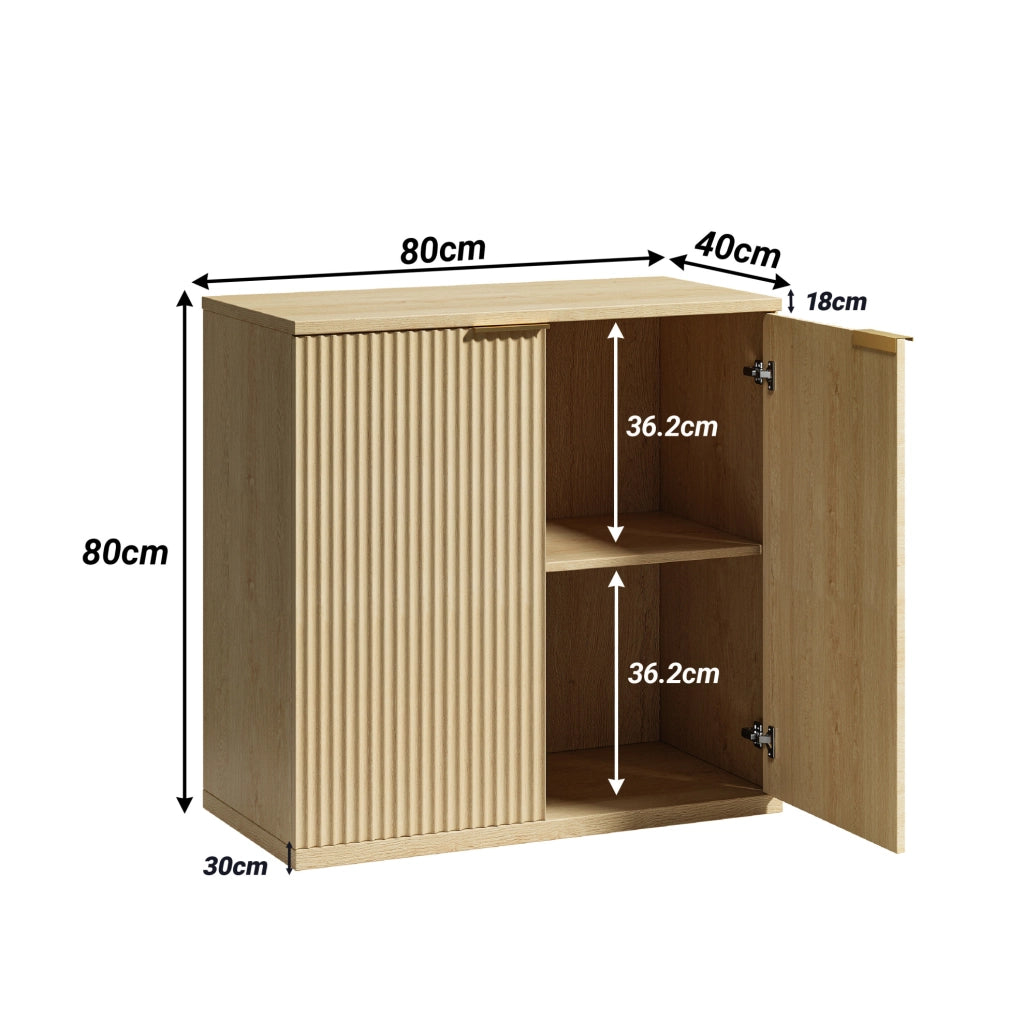 Sideboard a 2 ante con frontale scanalato; 80x40x80 cm; in MDF effetto rovere