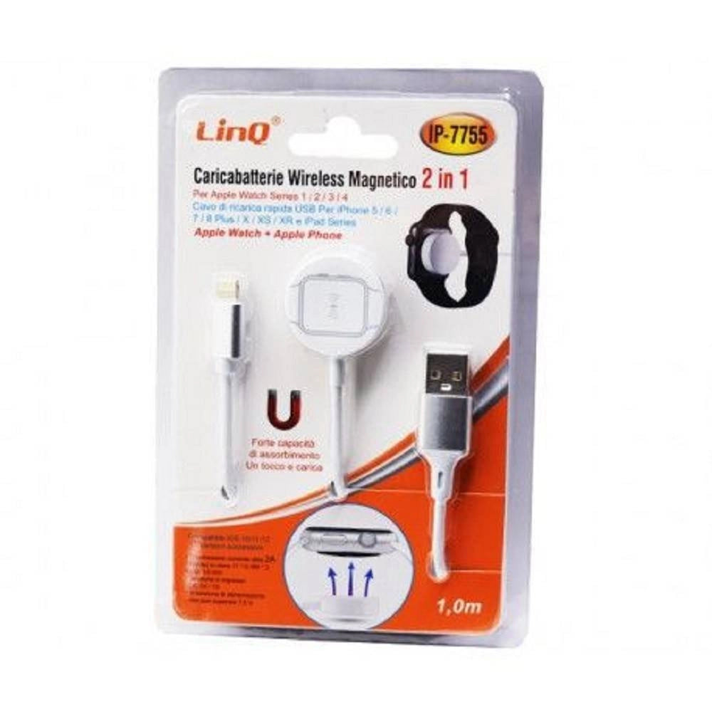 Trade Shop - Caricabatterie Wireless Magnetico 2in1 Per Watch 1 2 3 4 Cavo Iphone 1mt Ip-7755 -
