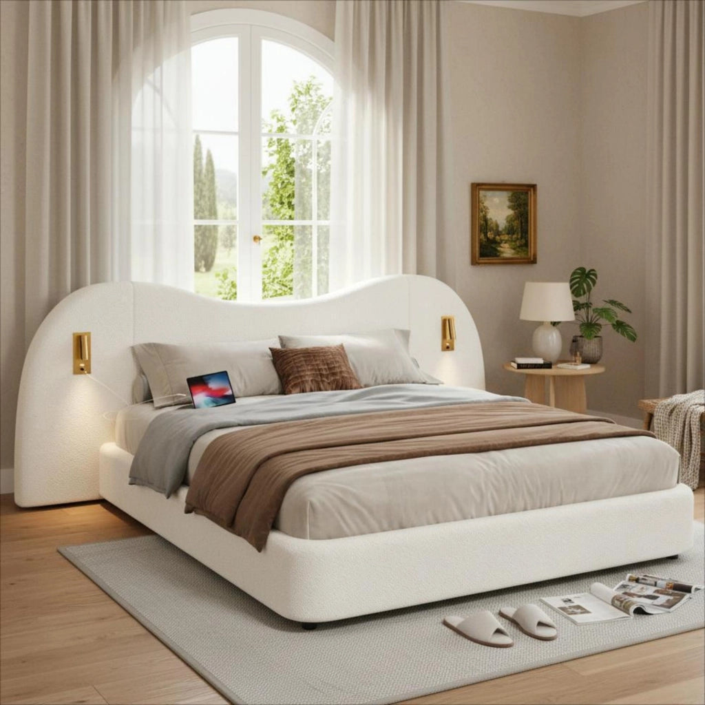 letto imbottito bouclé bianco 180 x 200 cm