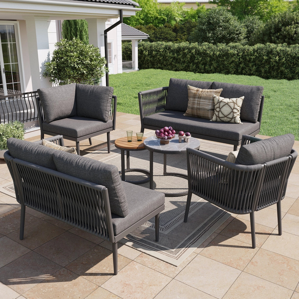 OKWISH Set da 6 Pezzi da Giardino con 2 Divani, 1 Poltrona, 1 Divano Angolare e 2 Tavoli, Metallo Olefin Grigio