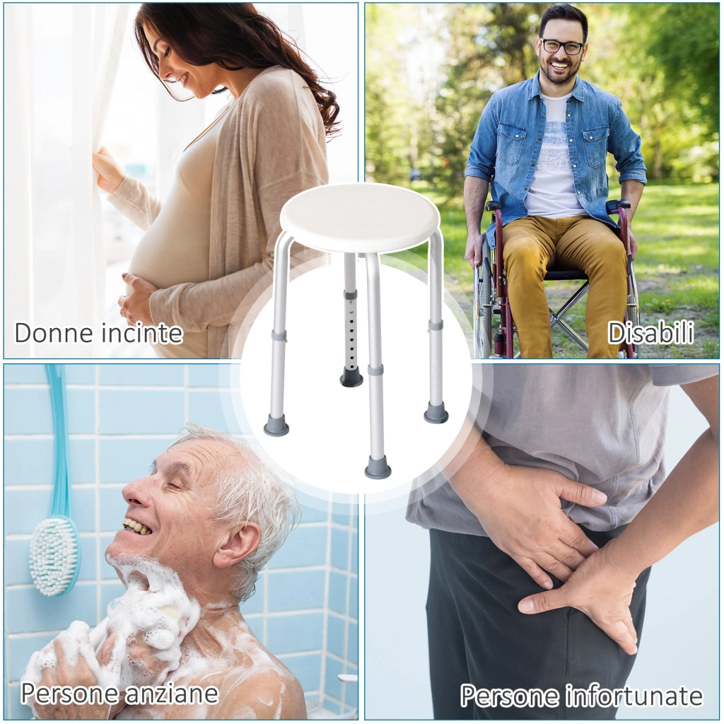 Sgabello da Doccia Girevole ¨C Xylo ¨C Alluminio Regolabile 8 Livelli Antiscivolo Bianco