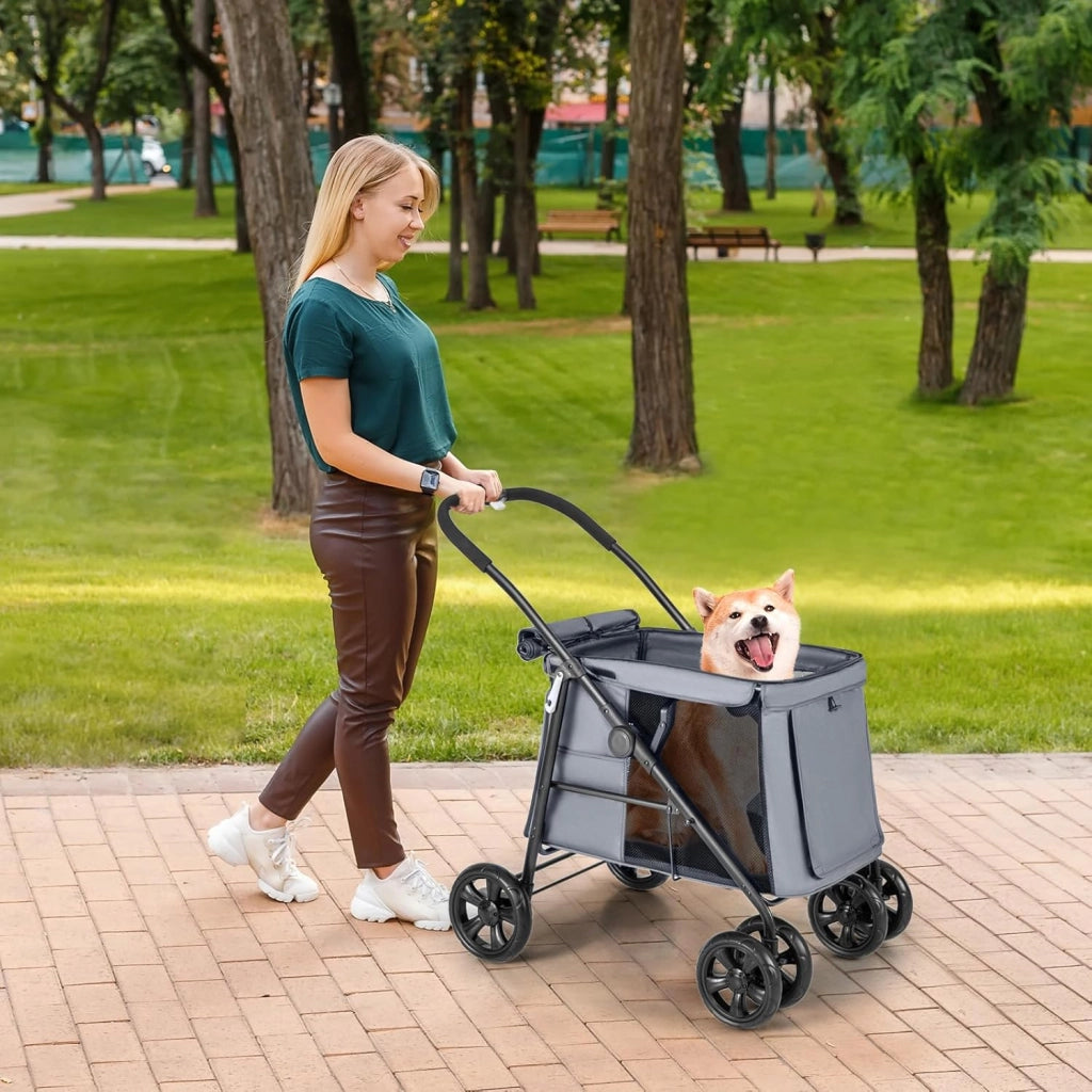 Passeggino per Cani Pieghevole, Carrello a 4 Ruote per Animali Domestici Piccoli e Medi, Trasportino Portatile con Ruote, Lucernario e Tasche, Chiusura Rapida (Grigio)