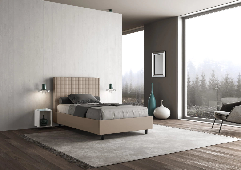 BS COM Letto singolo con rete imbottito 100x200 similpelle tortora