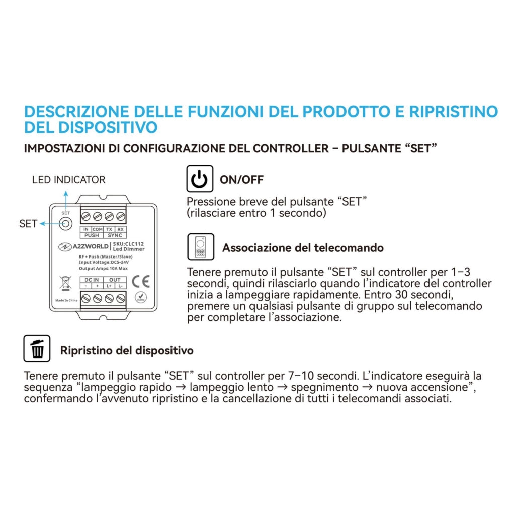 Led Dimmer Push Pulsante+RF, Master Slave, Memoria e Sincronizzabile, 5V 12V 24V 10A, Sostituzione CL9111 CL9115, Compatibile Con CLC101R