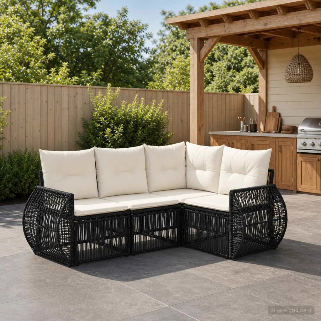Set Divano da Giardino 4 pz Nero e Bianco Crema polyrattan 3435409