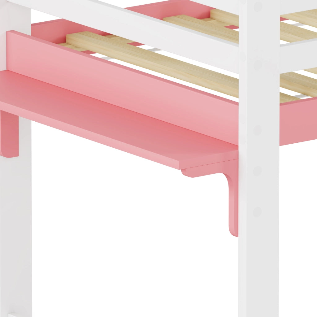 Letto a soppalco per bambini 90x200 cm in legno massello di pino, letto per bambini con sistema anticaduta, scaletta fissa e tavolino contenitore, ret